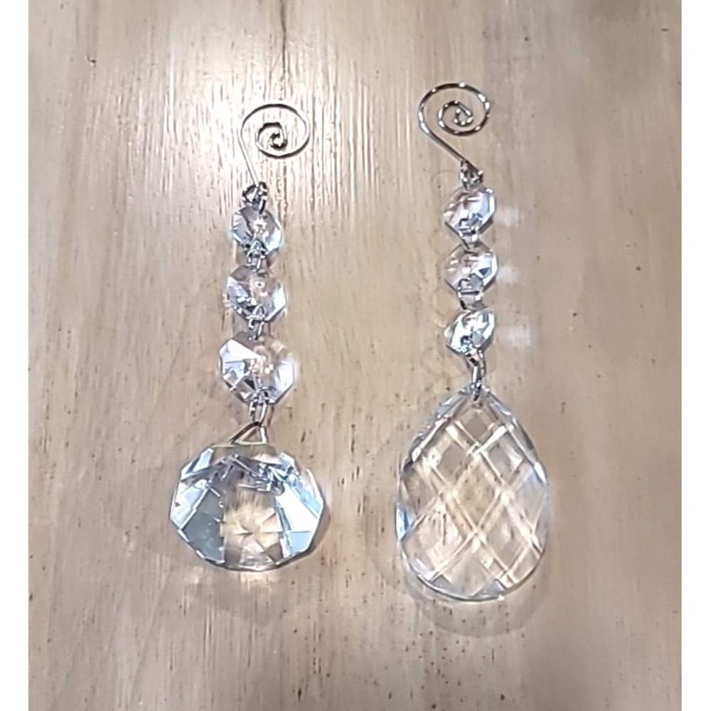 Set Of 2 Clear Crystal Teardrop & Diamond Shape Christmas Ornaments/Suncatchers